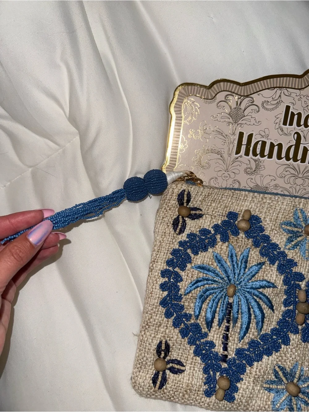 Blue Palm Tree Beaded Zipper Pouch Handmade in India New with Tags
